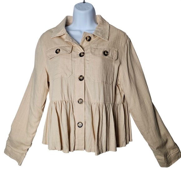 miami Jackets & Blazers - Cotton Linen Peplum Utility Jacket L Beige Cottagecore Spring Capsule Lagenlook
